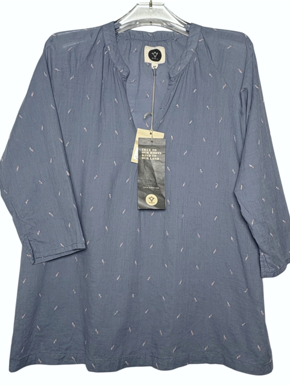 BSBEE Top Blue Embroidered Monroe XS Floral 100% Khadi Oversized V-Neck NWT